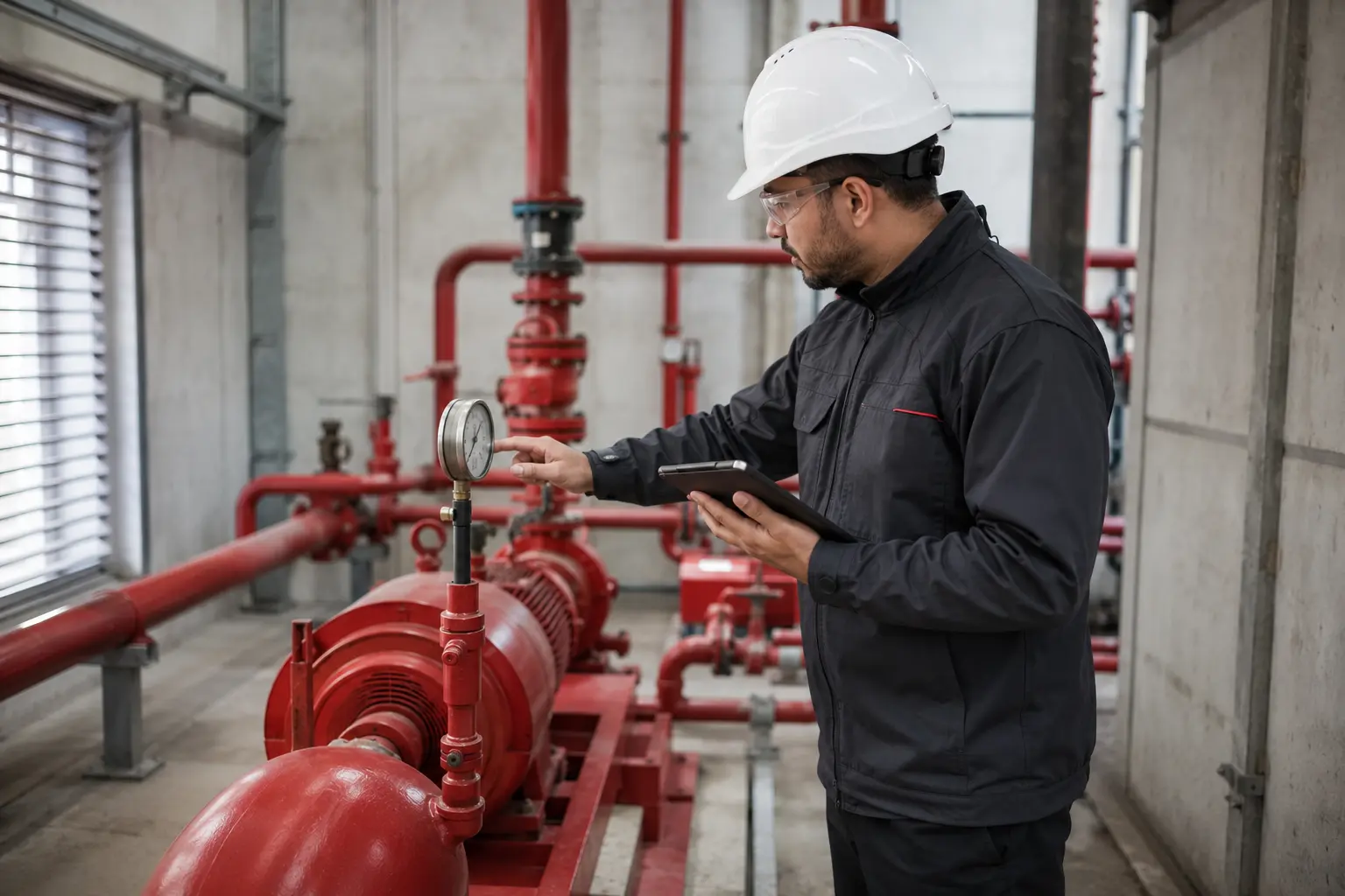 Technicien contrôlant une installation incendie